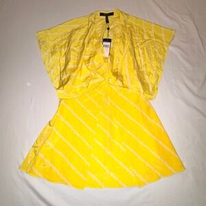 BCBGMAXAZRIA Silk Mini Dress Women XXS Lime Yellow New Tie Dye Kimono WI1D818